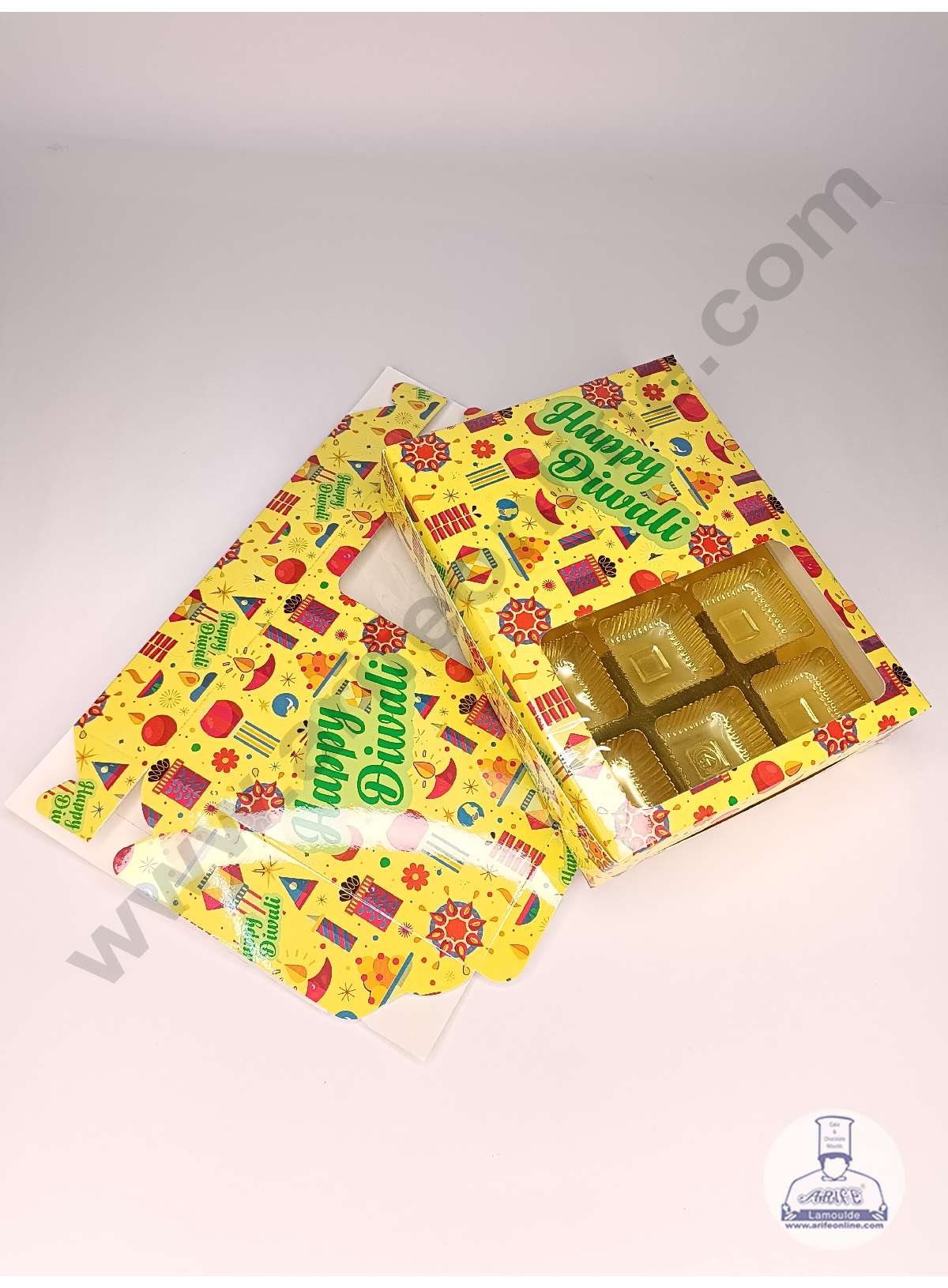 12 Cavity Diwali Theme Chocolate Box with Clear Window & Cavity ( 10 Piece Pack ) - Yellow (MOQ 12 PACK) (ARD)