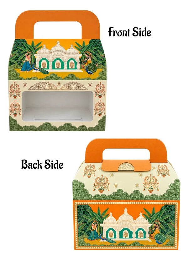 2 Jar Yellow Palace & Peacock Traditional Gift Hamper Box with Clear Window Without Jars (1Pc) | 17.8 x 9.4 x 24.3 cm | SBBX-TBL-2116 | (MOQ 100 PCS)
