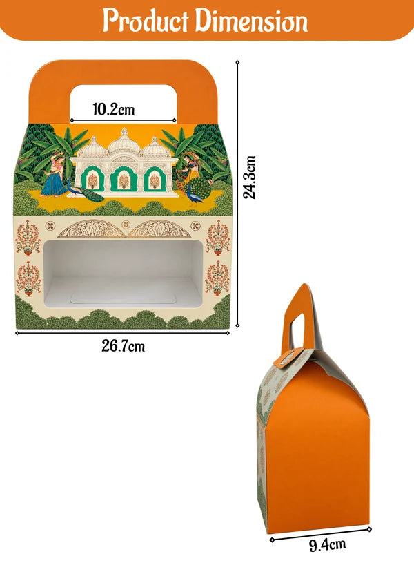 3 Jar Yellow Palace & Peacock Traditional Gift Hamper Box with Clear Window Without Jars (1Pc) | 26.7 x 9.4 x 24.3 cm | SBBX-TBL-2117 | (MOQ 100 PCS)