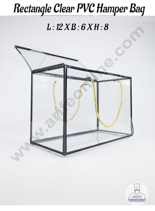 Rectangle Clear PVC Hamper Bag with Black Border - 12 X 6 X 8 Inch | Gift Box | Gift Bag with Handle (MOQ 100 PCS) (OR)