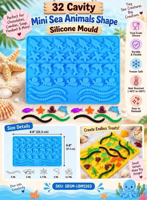 32 Cavity Mini Sea Animals Silicone Mould – Ocean Theme Chocolate, Candy, Jelly, Soap & Resin Mould – 8.8 × 6.8 Inch | SBSM-LBM1263 (MOQ 12 PCS) (ME)