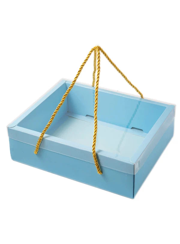 Pastel Blue Rectangle Hamper Box with Transparent Lid & Rope – 9 x 7 x 3.5 Inch | Premium Gift Packaging Box(SBBX-PHR-Blue) (MOQ 100 PCS) (IE)