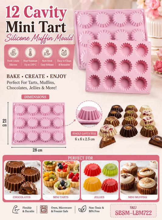 12 Cavity Mini Tart Silicone Muffin Mould | Fluted Tart, Muffin, Chocolate & Jelly Baking Tray ( SBSM-LBM722) - (MOQ 12 PCS) (ADD)