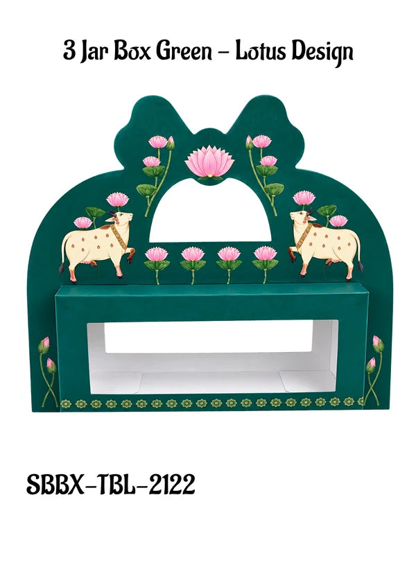 3 Jar Box Green Lotus Design Traditional Gift Hamper Box with Clear Window Without Jars (1Pc) | 26 x 8.5 x 11.5 cm | SBBX-TBL-2122 | (MOQ 100 PCS)