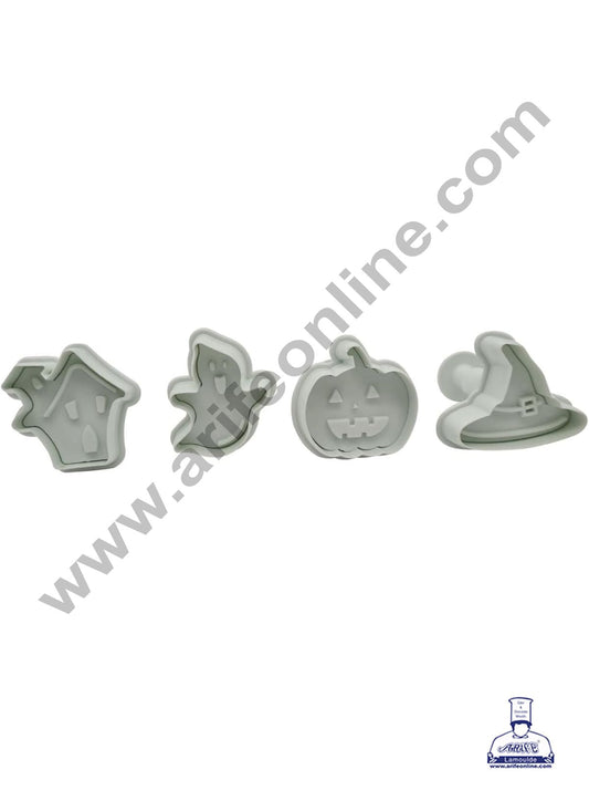 4 Piece Halloween Theme Plastic Cutter | Fondant Cutter Plunger Halloween Ghost Pumpkin Witch Hat Haunted House