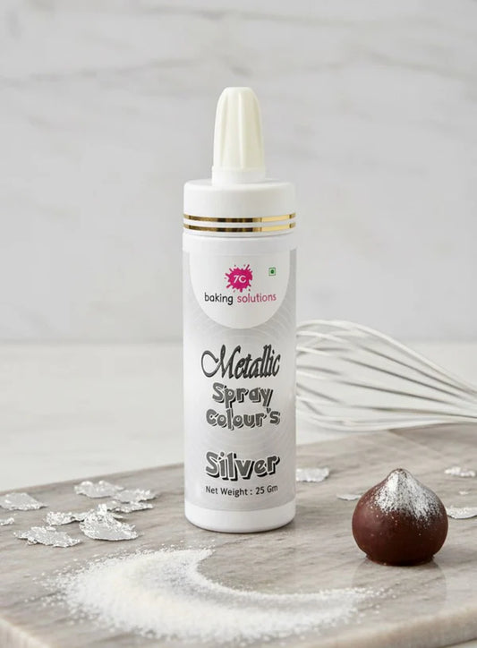 7C Edible Puff Colour Food Colour Powder Spray for Cakes Decoration - Metallic Silver ( 25 gm ) (MOQ 12 PCS) (ARL.8)