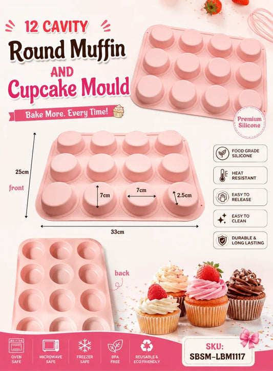 12 Cavity Round Muffin & Cupcake Mould | Muffin, Cupcake, Mini Cake & Dessert Baking Mould (SBSM-LBM1117) - (MOQ 12 PCS) (AED)