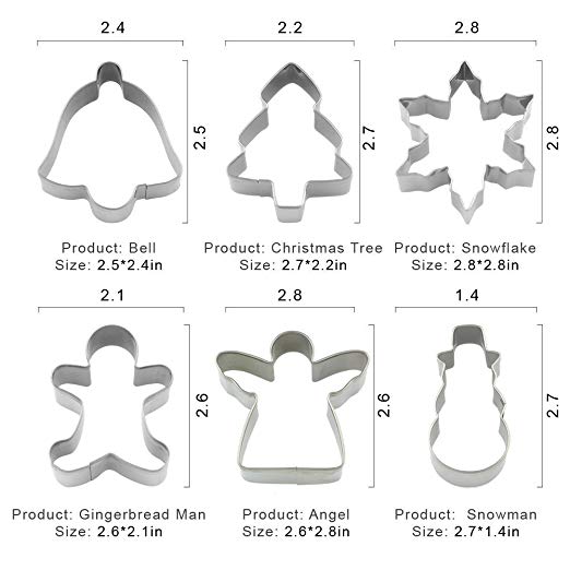 Stainless Steel 6 pc Snowman Christmas Tree Jingle Bell Angel Gingerbread Man Cookie Cutter Fondant Biscuit Cake Fruit Cutter (MOQ 12 PCS)