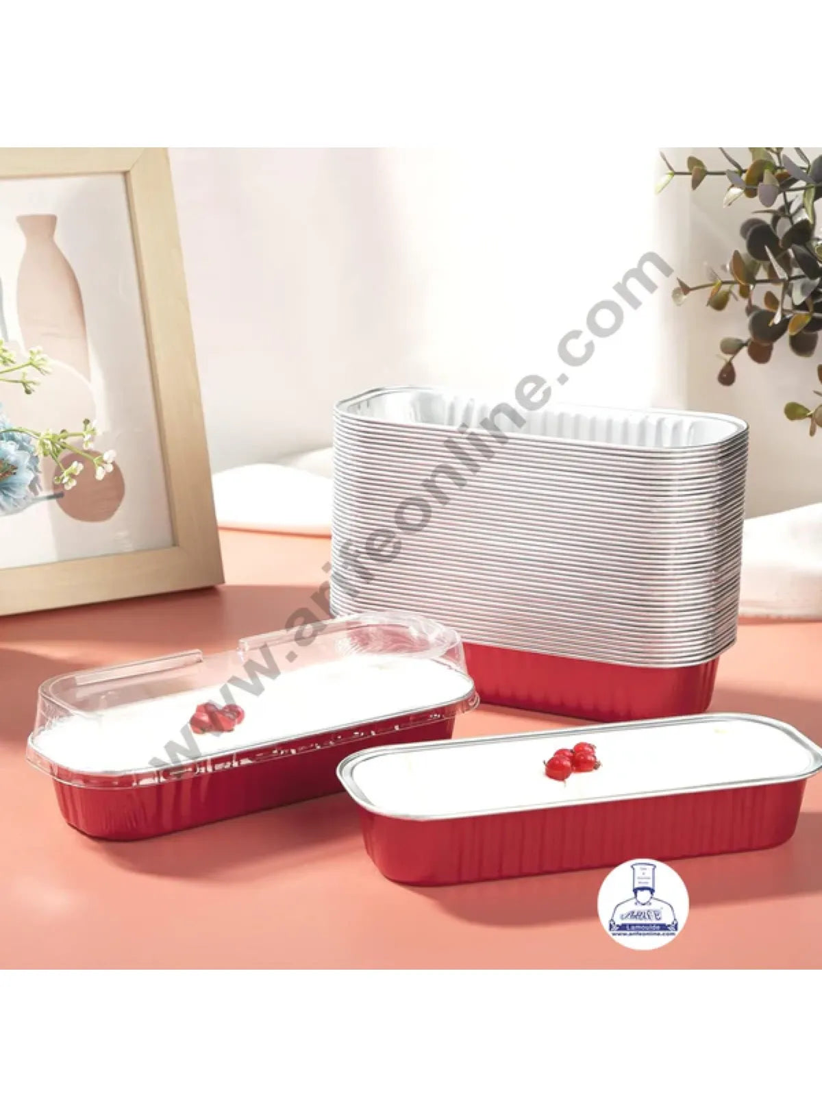 Rectangle Aluminium Tin Foil Bake & Serve Cup with Lid | Aluminium Containers | Non-Stick Foil Baking container - Red - 2000 Pcs per cartoon (MOQ 1 CRTN) (L)