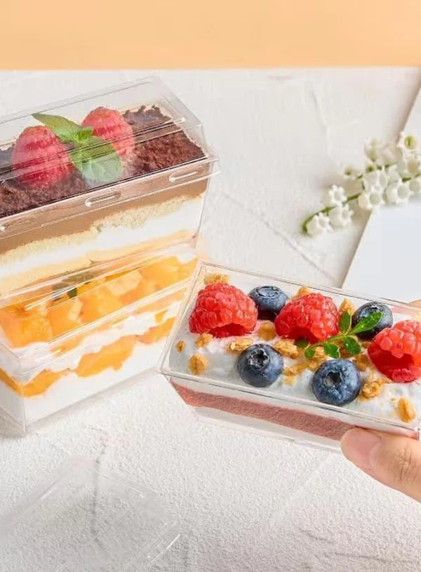 Transparent Rectangle Mousse & Tiramisu Cups with Dome Lids | Clear Dessert & Pudding Cups (SBMC-NP-15) (MOQ 500 PCS) (M.1)