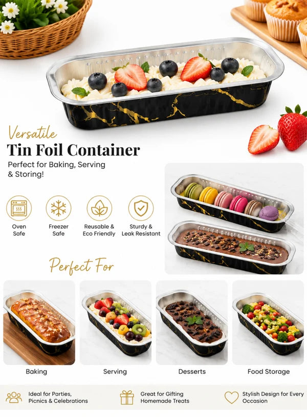 Black Printed Rectangle Aluminium Foil Cup With Lid (6.5x2.5x2 Inch) | Food Grade | Oven & Freezer Safe | Cake & Dessert Container (SB-PT-166X30-B) 2000 Pcs per cartoon (MOQ 1 CRTN) (AA)