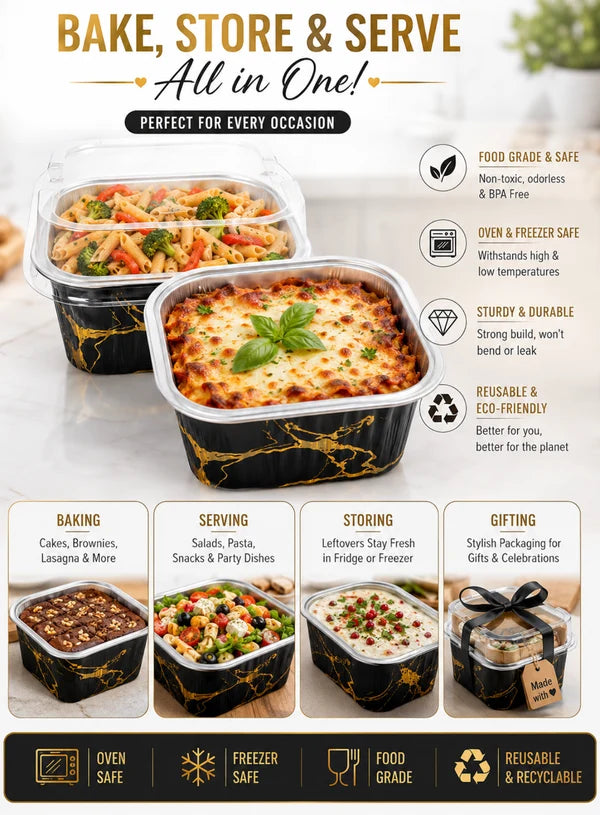 Black Printed Square Aluminium Foil Cup With Lid (3.5x2 Inch) | Food Grade | Oven & Freezer Safe | Cake & Dessert Container (SB-PT-90X35-B) 2000 Pcs per cartoon (MOQ 1 CRTN) (L)