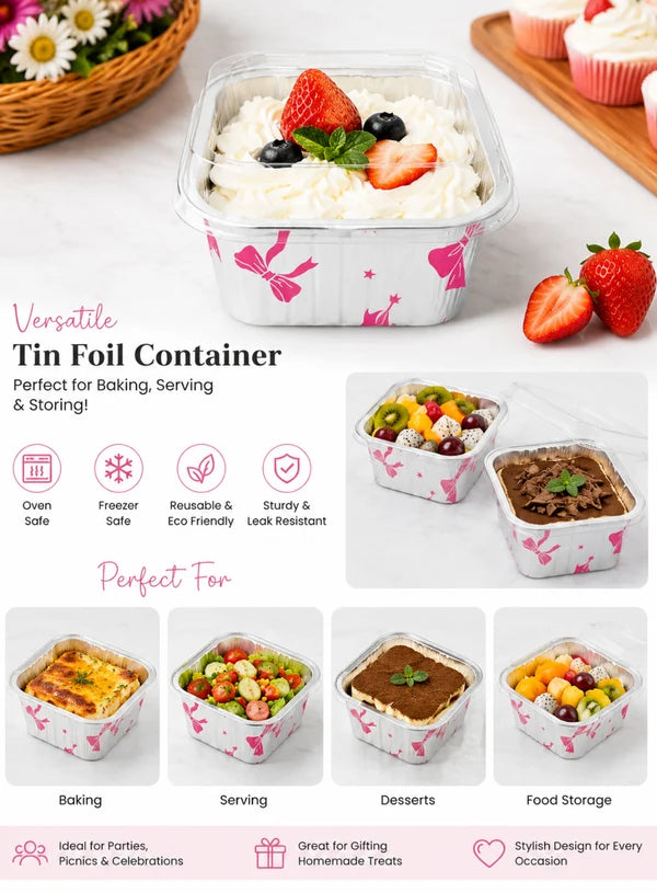 Bow Printed Square Aluminium Foil Cup With Lid (3.5x2 Inch) | Food Grade | Oven & Freezer Safe | Cake & Dessert Container (SB-PT-90X35-Bow) 2000 Pcs per cartoon (MOQ 1 CRTN) (L)