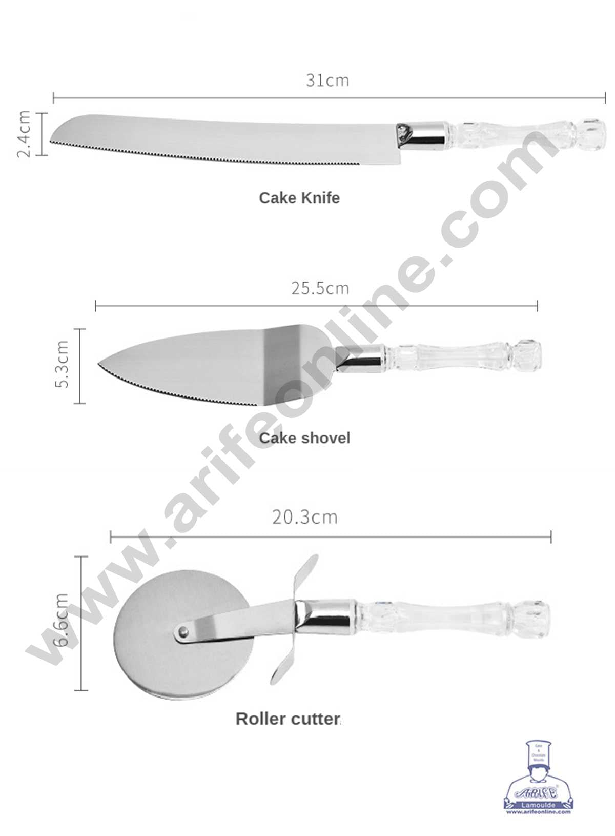 CAKE DECOR™ 3 pcs Set Multi-purpose Pizza Roller Knife Cake Knife Cake Shovel Acrylic Handle with Stainless Steel Blade Baking Supplies (SBS-232)