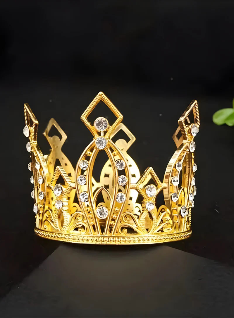 Golden Rhinestone Crystal Cake Topper Crown (SBMT-Cr-72-4-G) (MOQ 12 PCS)