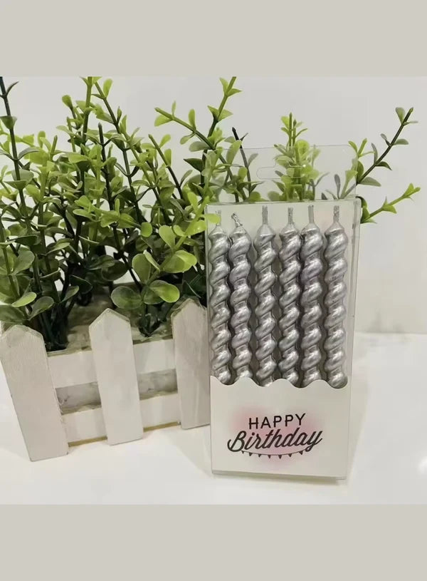 Twist Spiral Metallic Candles in Holder (Silver) 6 Pcs - For Party Decoration Cake and Cupcake (SBD-Spiral-Silver) (MOQ 12 SET)