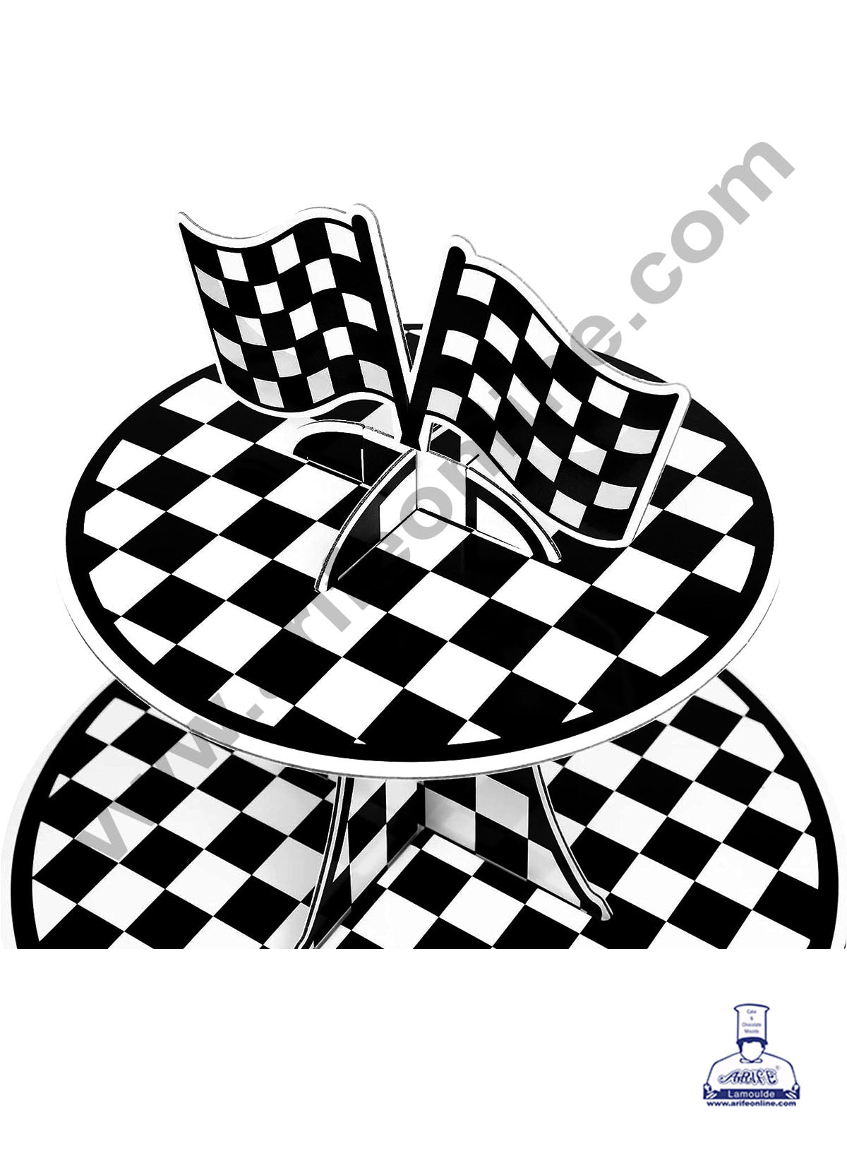 3-Tier Racing Car Theme Cardboard Cupcake Stand | Black and White Checkered Cupcake Stand -Heavy (MOQ 12 PCS)