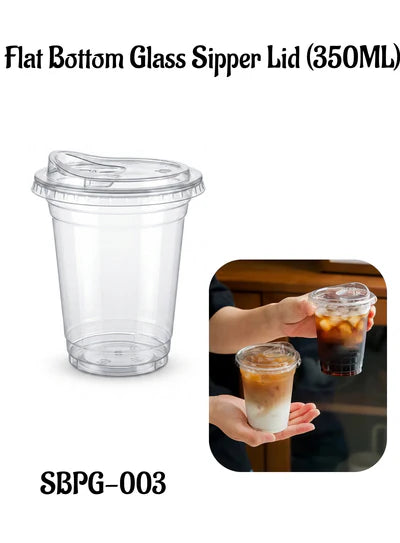Flat Bottom Clear Plastic Glass with Sipper Lid (350ML) Disposable Cups for Milkshakes & Coffee (SBPG-003) (MOQ 100 PCS) (F.75)