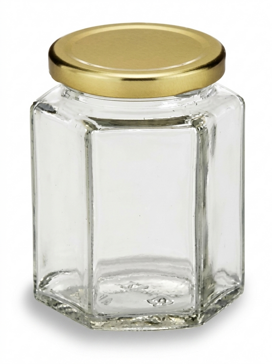 Set of 1 Clear Hexagon Glass Jars For Food Storage With Golden Lug Caps ( 190ml ) (48 PCS PER CRTN MOQ 1 CRTN) (AU.5)
