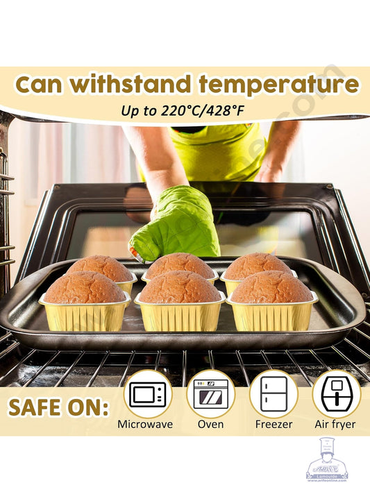 Square Atom Aluminium Cup Tin Foil With Lid Bake & Serve Cup| Aluminium Containers | Non-Stick Foil Baking Cups - Gold - 2000 Pcs per cartoon (MOQ 1 CRTN) (O)