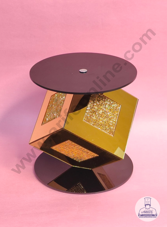 Golden Mirror Square Cake Spacer with Diamond Design For Cake Decoration - Base 6 inch X Height 6 inch (MOQ 12 PCS)
