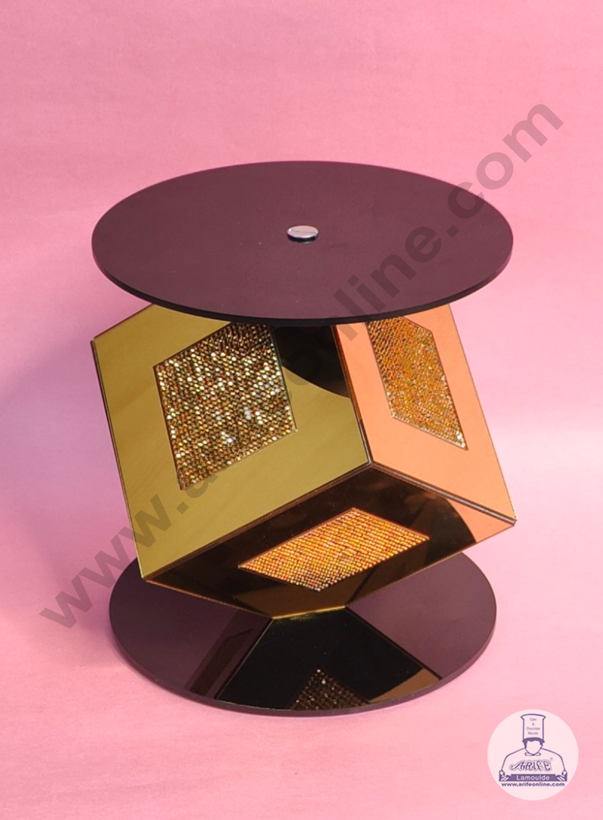 Golden Mirror Square Cake Spacer with Diamond Design For Cake Decoration - Base 6 inch X Height 6 inch (MOQ 12 PCS)