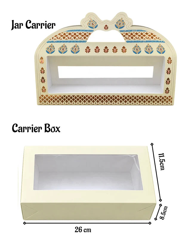 3 Jar Box Cream Elegant Design Traditional Gift Hamper Box with Clear Window Without Jars (1Pc) | 26 x 8.5 x 11.5 cm | SBBX-TBL-2124 | (MOQ 100 PCS)
