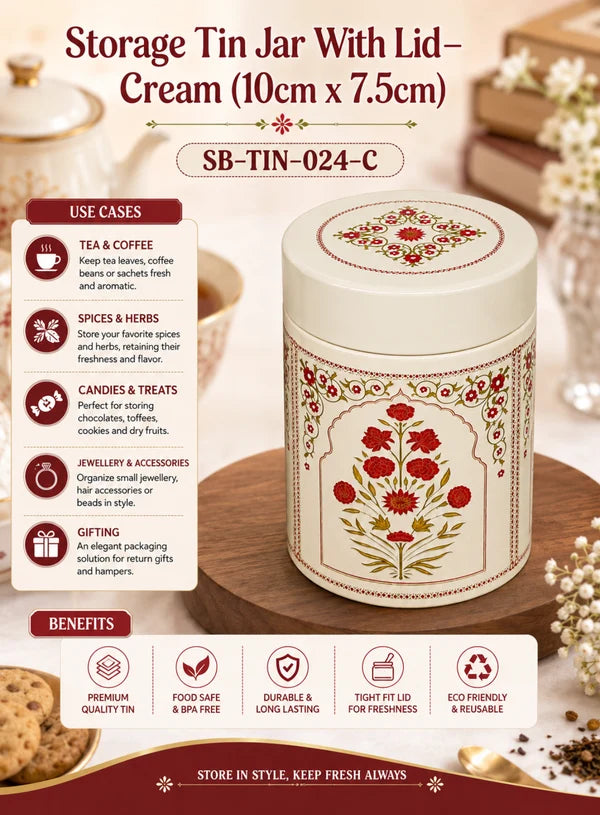 Small Metal Storage Tin Jar with Lid - Cream | (4x3 Inch) | Dry Fruit, Cookie & Snack Packaging (SB-TIN-S-4137) -(MOQ 100 PCS) (FR)