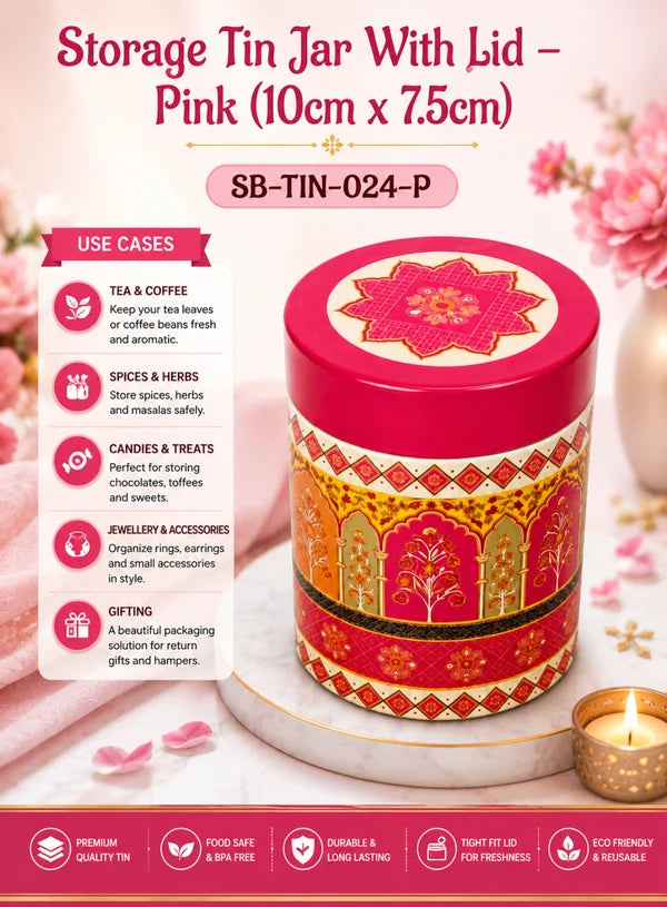 Small Metal Storage Tin Jar with Lid - Pink | (4x3 Inch) | Dry Fruit, Cookie & Snack Packaging (SB-TIN-S-4135) -(MOQ 100 PCS) (FR)