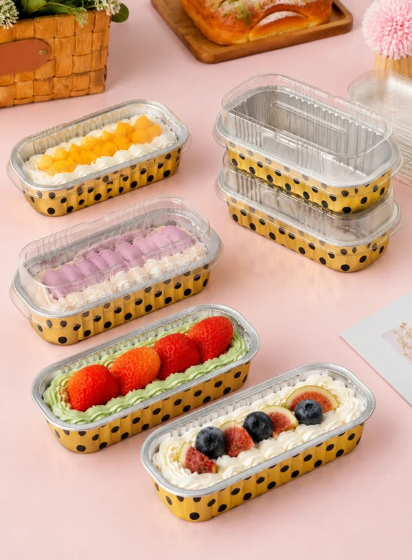 Polka Dot Printed Rectangle Aluminium Foil Cup With Lid (6.5x2.5x2 Inch) | Food Grade | Oven & Freezer Safe | Cake & Dessert Container (SB-PT-166X30-P) 2000 Pcs per cartoon (MOQ 1 CRTN) (AA)