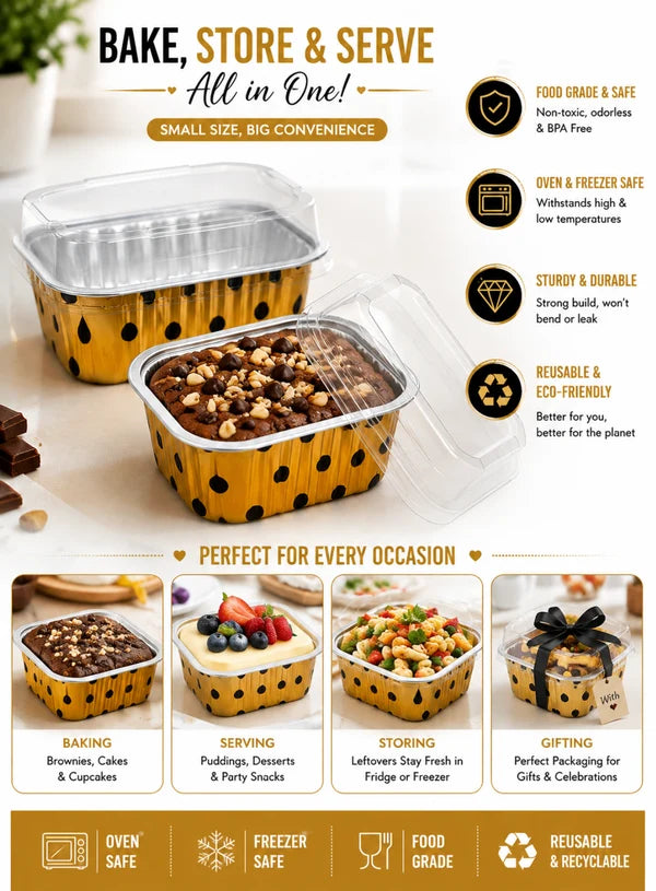 Polka Dot Printed Square Aluminium Foil Cup With Lid (3.5x2 Inch) | Food Grade | Oven & Freezer Safe | Cake & Dessert Container (SB-PT-90X35-P) 2000 Pcs per cartoon (MOQ 1 CRTN) (L)