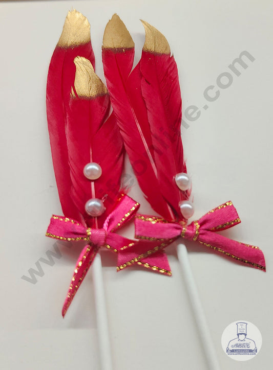 2 Pcs Red Golden Feather Topper For Cake Decoration (MOQ 12 PCS) (FD)
