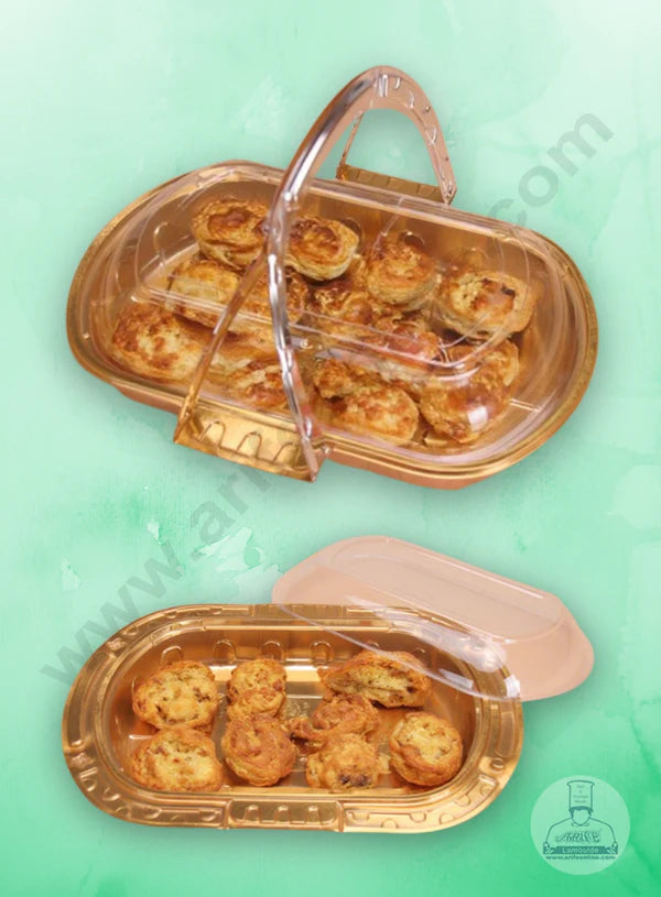 Single Compartment PVC Container with Lid - 1 Piece Premium Leak-proof takeaway PET Food Packaging Golden Plastic Container with Transparent Lid - (27X26X4cm) (MOQ 100 PCS) (IE)
