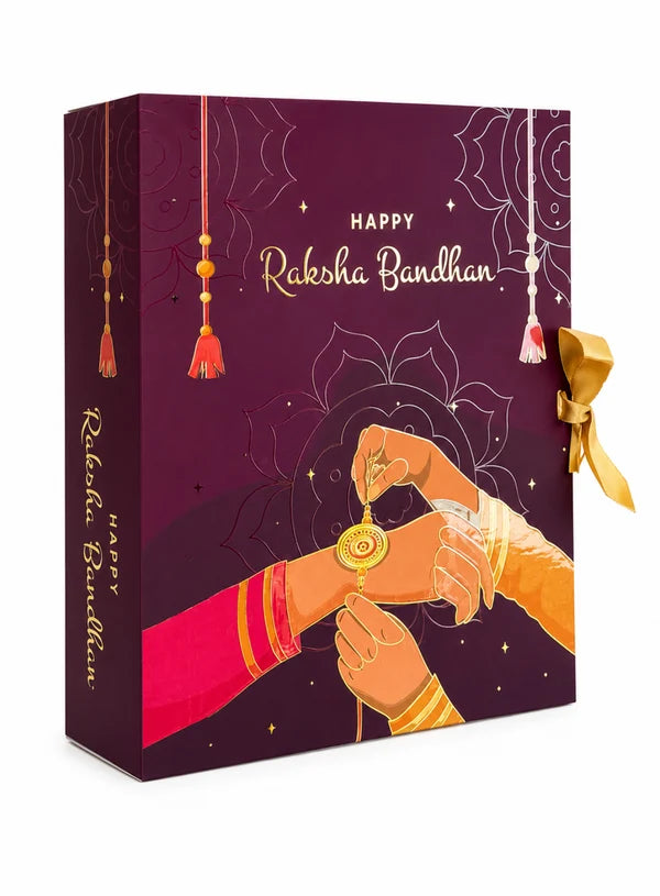 Traditional Rakhi Print Happy Raksha Bandhan Hamper Box Book Style With Ribbon - Maroon (10x8x3 Inch) (SBBK-BSH-M) -(MOQ 100 PCS)