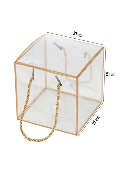 Transparent PVC Gift Box With Twisted Handle & Golden Border Big Square (21 X 21 X 21 cm) – Hamper Packaging Box (Big-212121) (MOQ 100 PCS) (ED)