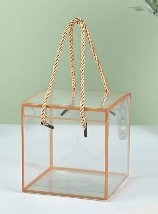 1 Pcs Transparent PVC Gift Box With Twisted Handle & Golden Border Small Square (12 X 12 X 12 cm) – Hamper Packaging Box (S-121212) (MOQ 100 PCS) (RD)