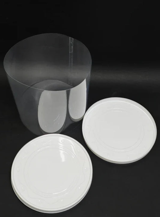 Transparent Round 10 & 8 Inch Pinata Cake Boxes with White Base Lid (2 Pcs) | Pull Me Up Cake Box | Hamper Gift Box | Clear Packaging For Tall Cakes (SBBXT-10-8) (ADD)