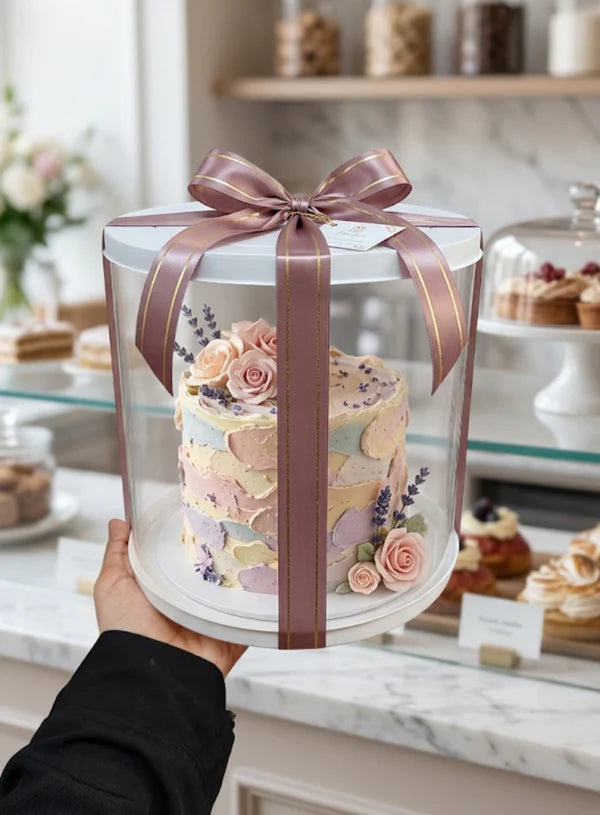 Transparent Round 10 & 8 Inch Pinata Cake Boxes with White Base Lid (2 Pcs) | Pull Me Up Cake Box | Hamper Gift Box | Clear Packaging For Tall Cakes (SBBXT-10-8) (ADD)