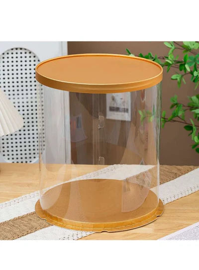 Transparent Round Pinata Cake Box With Gold Base Lid (14x14x14 Inch) | Pull Me Up Cake Box | Hamper Gift Box | Clear Packaging For Tall Cakes (SBBXT-505-18) (RRD)