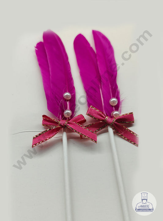 2 Pcs Dark Pink Shade Feather Topper For Cake Decoration (MOQ 12 PCS) (IE)