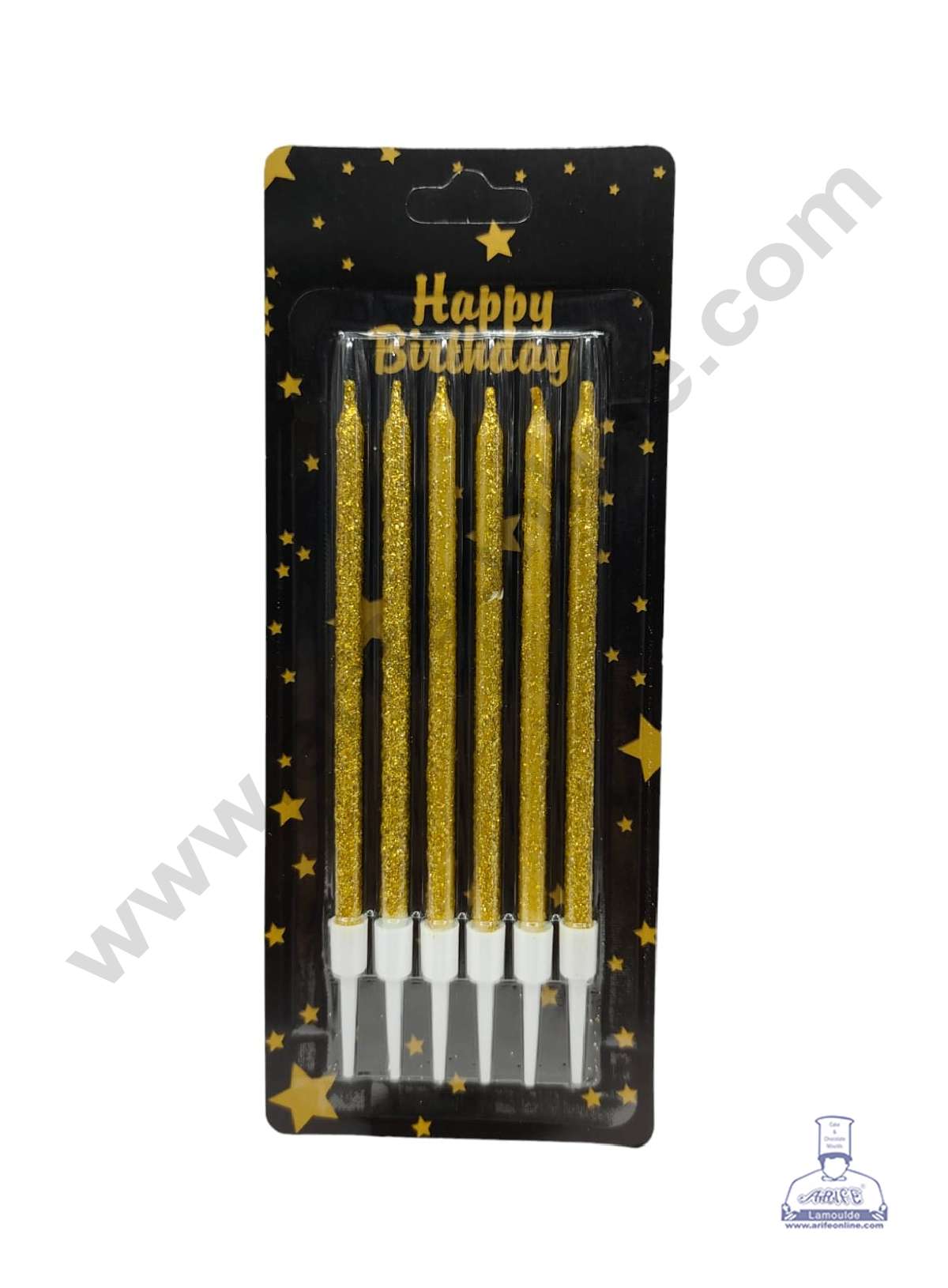 Golden Glitter Thin Long Candles with Stand for Cake & Cupcake Decoration (6 Pcs Set) (MOQ 12 SET)