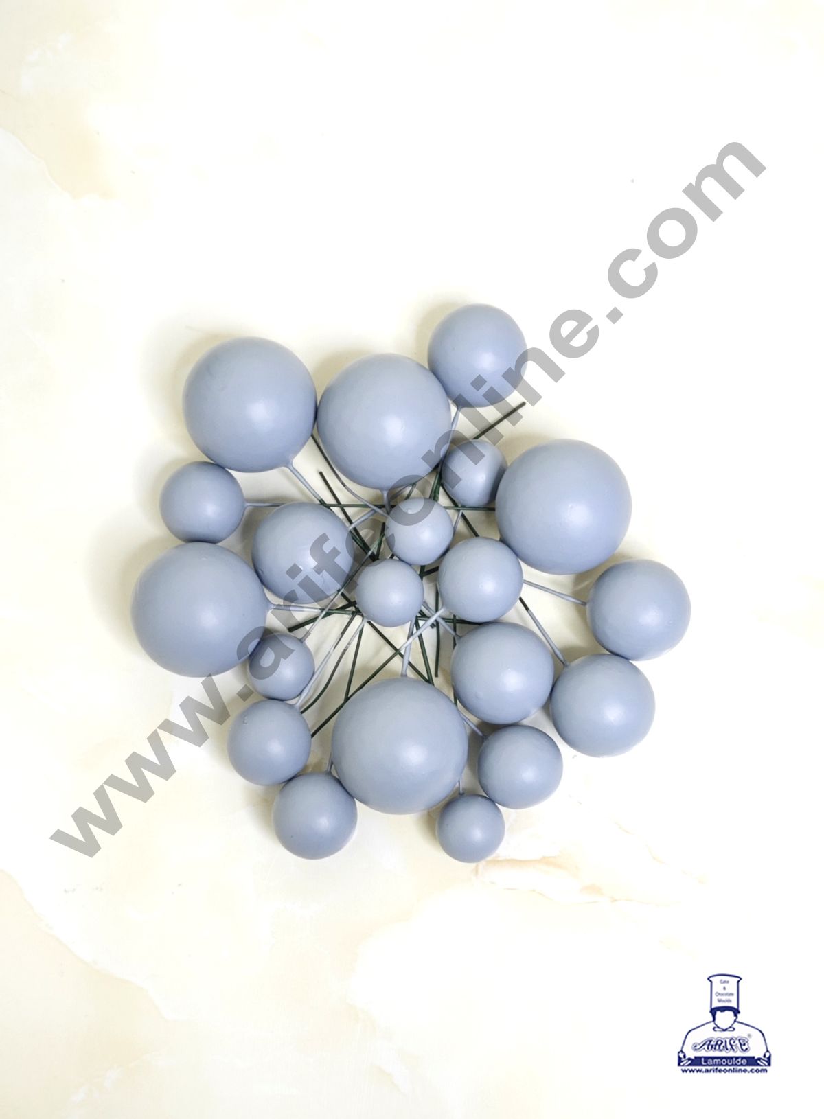Matte Light Grey Faux Ball Topper For Cake and Cupcake Decoration - 20 pcs Pack (MOQ 300 PACKET 1 CRTN) (IM)