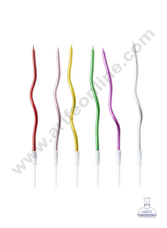 Metallic Long Twisty Candles with Stand for Party Decoration for Cake and Cupcake - MultiColor (Set Of 6 Pc) (MOQ 20 SET) (L)