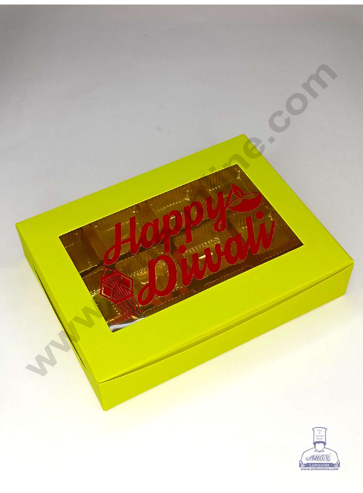 12 Cavity Neon Yellow Chocolate Box with Happy Diwali Print on Clear Window & Cavity ( 10 Piece Pack ) - Neon Yellow (MOQ 12 PACK) (ADD)