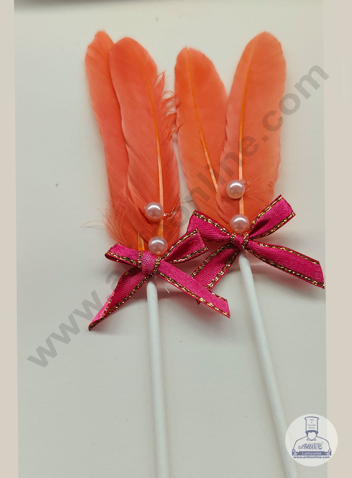 2 Pcs Peach Shade Feather Topper For Cake Decoration (MOQ 12 PCS) (IE)