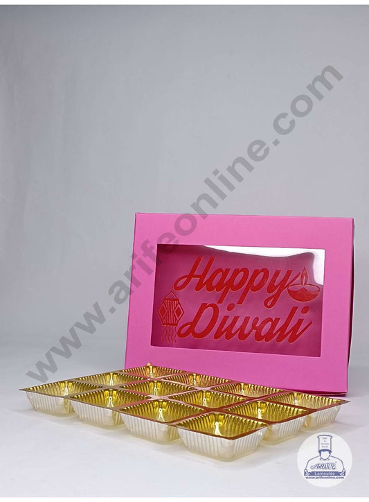 12 Cavity Pink Chocolate Box with Happy Diwali Print on Clear Window & Cavity ( 10 Piece Pack ) - Pink (MOQ 12 PACK) (ADD)