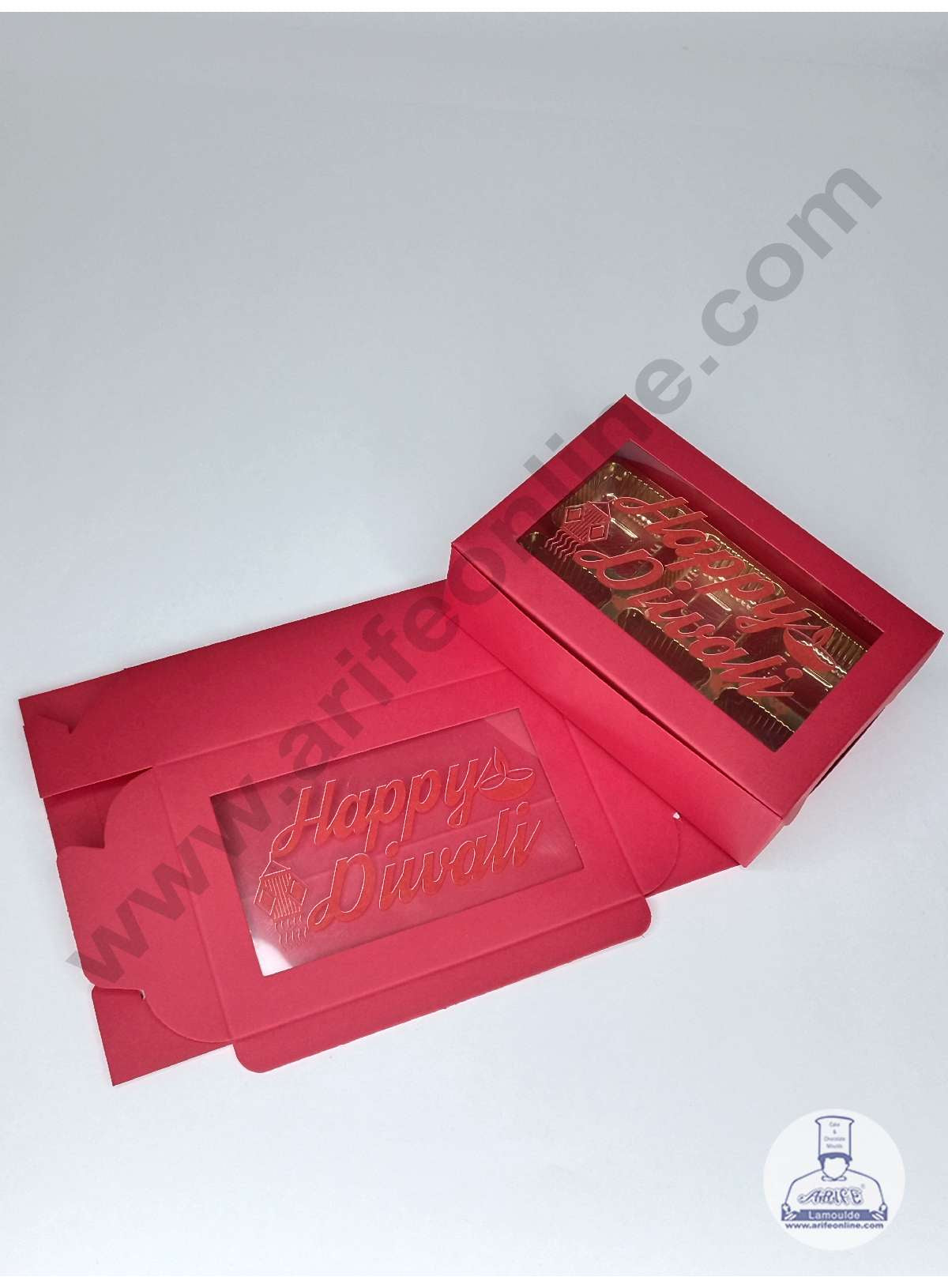 6 Cavity Dark Red Chocolate Box with Happy Diwali Print on Clear Window & Cavity ( 10 Piece Pack ) - Dark Red (MOQ 12 PACK) (OD)
