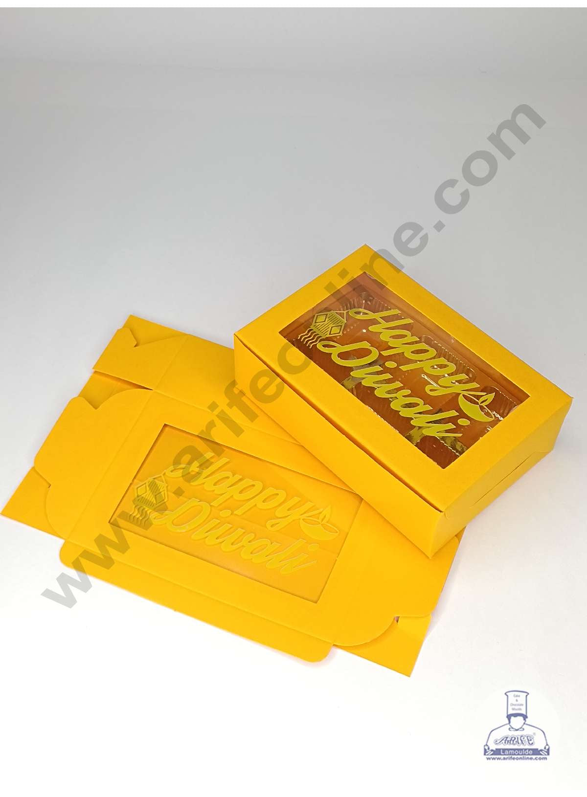 6 Cavity Mustard Yellow Chocolate Box with Happy Diwali Print on Clear Window & Cavity ( 10 Piece Pack ) - Mustard Yellow (MOQ 12 PACK) (OD)