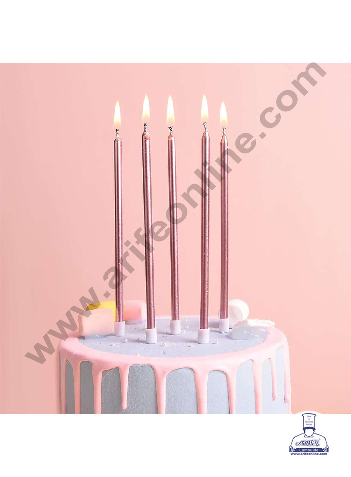 Metallic Long Thin Cake Candle in Holder for Party Decoration for Cake and Cupcake - Rose Gold - Set of 6 Pc (MOQ 12 SET)