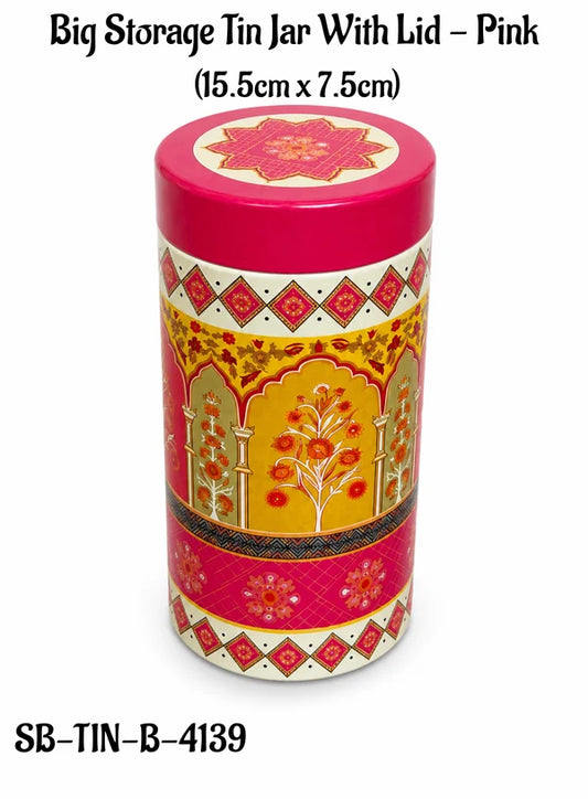 Big Metal Storage Tin Jar with Lid - Pink | (6x3 Inch) | Dry Fruit, Cookie & Snack Packaging (SB-TIN-B-4139) - (MOQ 100 PCS) (FM.10)